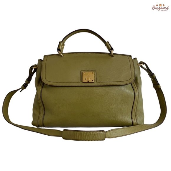 Authentic MCM Yellow Green Pebbled Leather Flap Medium Top...